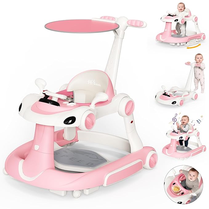 Baby Walker with Wheels, 7-in-1 Foldable Baby Walkers for Boys Girls 6-12 Months with Feeding Tray & Music, Lights,Rocker,Sun Canopy, Bouncing Pedal, Adjustable Wheel Speed, Push Walker (Pink)
