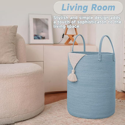 JMvicyroam Large Woven Laundry Basket Hamper,80L Cotton Rope Storage Bin for Blankets,Toys and Clothes,Decorative Tall Nursery Hamper for Living Room,Baby Nursery,Bathroom and Bedroom,Blue
