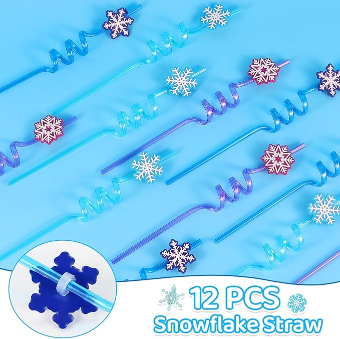 LiYiQ 122Pcs Winter Snow Themed Party Favors with Drinking Straws Slap Bracelets Stamps Stickers Hair Clip Hair Scrunchies Gift Bags for Kids Girls Snowflake Party Favors Baby Shower Party Supplies