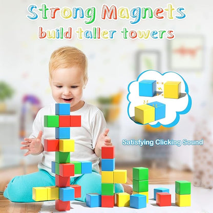 Magnetic Blocks, 56 Pieces 1.34 inch Large Magnetic Building Blocks, 3D Magnetic Cubes for Toddlers, Preschool Educational Construction Kit, Sensory Montessori Toys Kids Blocks for Boys Girls