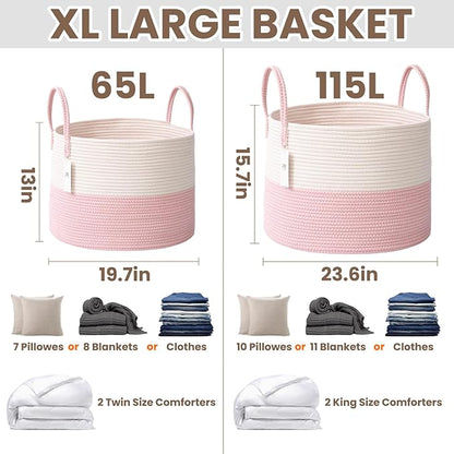 JMvicyroam 115L Extra Large Blanket Basket for Living Room - Woven Cotton Rope Laundry Hamper with Reinforced Handles - Storage Bin for Pillows, Comforters & Toys - Machine Washable,White&Pink