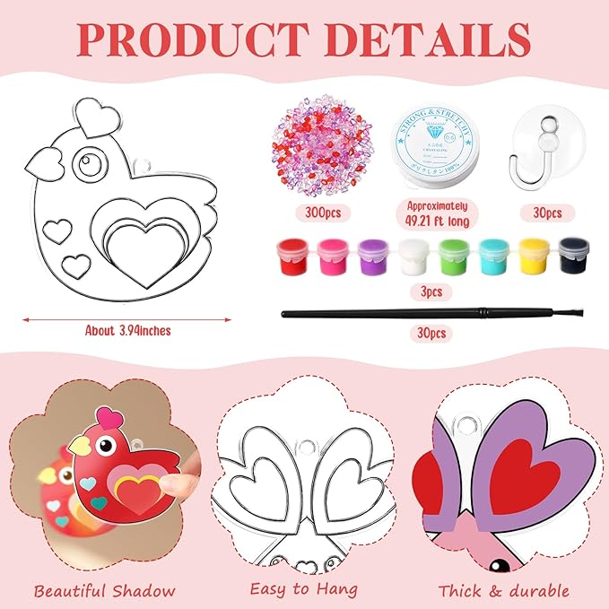30 Set Valentine's Day Craft Kit Pink Heart DIY Craft Make Your Own Painting Suncatcher Ornaments for Valentine Art Painting Activity