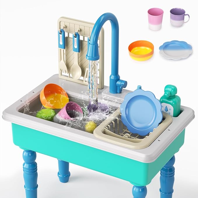 Doloowee Color Changing Kitchen Sink Toys,Electric Dishwasher Playing Toy Play Sink for Kids 3-5 with Running Water,Upgraded Faucet and Play Dishes,Pretend Play Kitchen Toys for Kids Boys Girls(Blue)