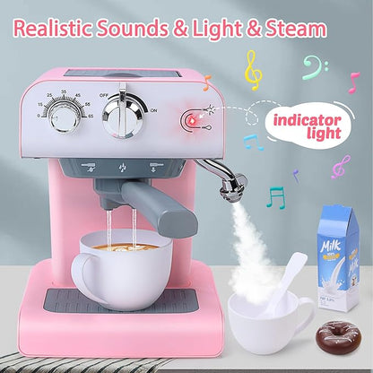 CUTE STONE Toy Coffee Set , Kids Coffee Maker Toy with Sound and Light, Realistic Steam, Play Kitchen Set with Play Food, Toddler Toy Kitchen Accessories for Girls Boys
