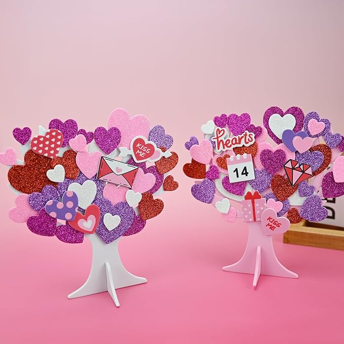 24 Sets DIY Valentine's Day Foam Tree Crafts Kits Decorations Self Adhesive Heart Sticker Love Heart Letter Shiny Sticker for Kids Party Favors Fun Classroom Home Activities