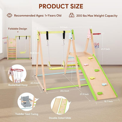 7 in 1 Indoor Jungle Gym for Kids, Foldable Toddler Indoor Playground with Slide, Beechwood & Baby Swing, Climbing Wall & Ladder, Wooden Climbing Toys Playset Gifts for Kids (Multicolor)