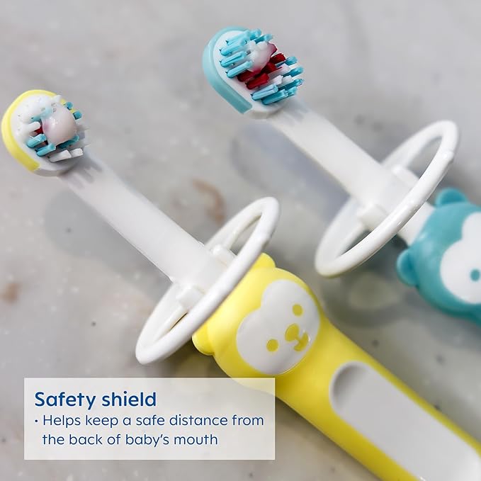 MAM Baby Toothbrushes (2 Baby's Brushes and 1 Safety Shield), Toothbrushes with Brushy The Bear Character, Interactive App, for Girls 6+ Months, Pink