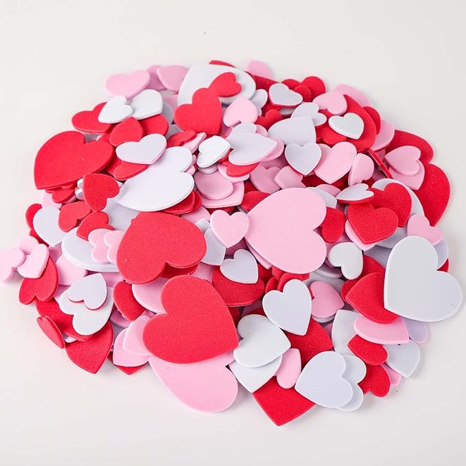 500 pcs Foam Heart Stickers Love Foam Hearts Self Adhesive Stickers Hearts for Valentine's Day Mother's Day DIY Crafts Gift for Kids, Assorted Size, 3 Colors
