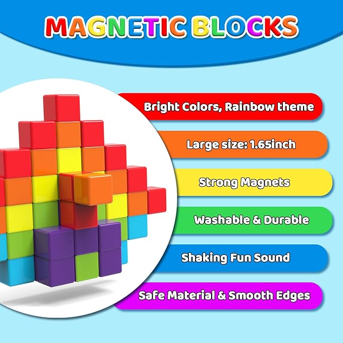 Magnetic Building Blocks, 1.65 inch Large Magnetic Stacking Cubes for Toddlers, Sensory & Montessori Toys for Boys & Girls 1 2 3 Years Old (24 PCS)
