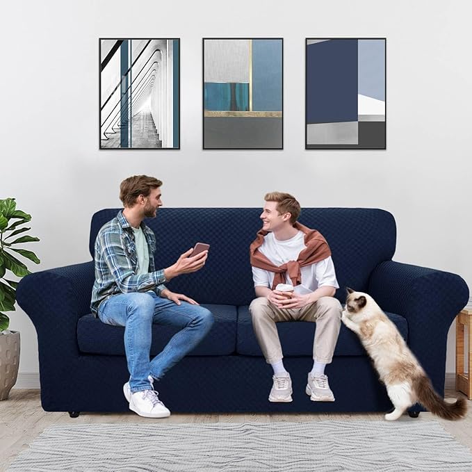 MAXIJIN 3 Piece Stretch Couch Covers for 2 Cushion Couch Sofa Slipcovers with 2 Extra Large Seat Cushion Couch Jacquard Loveseat Sofa Couch Cover for Dogs (2 Cushion Sofa, Navy Blue)