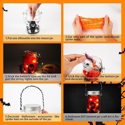 Shemira Halloween Craft Kit for Kids, 6 pcs Glass Mason Jar with Accessories for DIY Lantern Jar, Halloween Art & Craft Party Supplies, Halloween Art Activities,Halloween Craft and Art Party Supplies