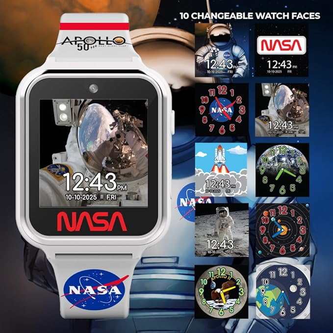 NASA Kids Interactive Smart Watch with Educational Features, Step Counter, Voice Recorder, Camera, Games, Alarm, Timer, Stopwatch, Touchscreen Display, and Fun NASA Themes for Learning and Play