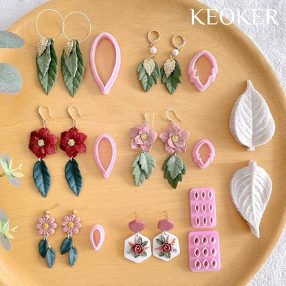 Keoker Leaf Clay Cutters Set, 7 Shapes Polymer Clay Leaf Cutters with Polymer Clay Press Mold, Polymer Clay Earring Molds, Spring Polymer Clay Earring Cutters, Polymer Clay Earring Tools