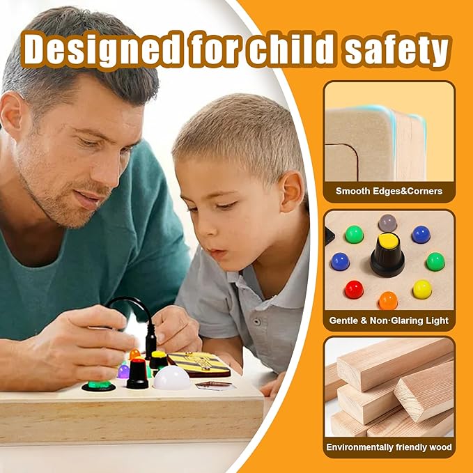 Busy Board with Led Light, Wooden Educational Montessori Sensory Travel Toys for Toddlers 1-3, Fine Motor Skills Birthday Gifts for Boys Girls Toddlers 1 2 3