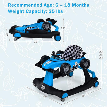 HOMGX Baby Walker with Wheels, Convertible Baby Push Walker & Race Car Mode, Infant Activity Center with Music Box, 3 Heights & 2 Speeds, Foldable Walkers for 6-18 Months (Blue)