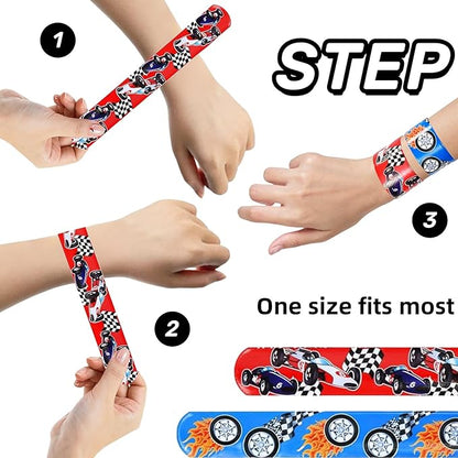 60pcs Hot Car Party Favors for Kids Bulk Slap Bracelets with Race Cars Theme Snap Bracelet for Kids, Goodie Bags Stuffers for Birthday Party, Treasure Box Toys for Classroom Prizes