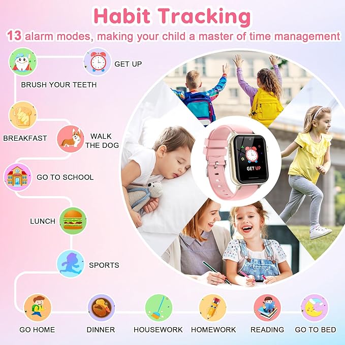 cjc Smart Watch for Kids Gift for Girls Ages 4-12 - Includes Screen Protector, 30+ Games, 140 Learning Cards, HD Touch Screen, Camera, Music, Pedometer - Fun & Educational Birthday Gift Idea (Pink)