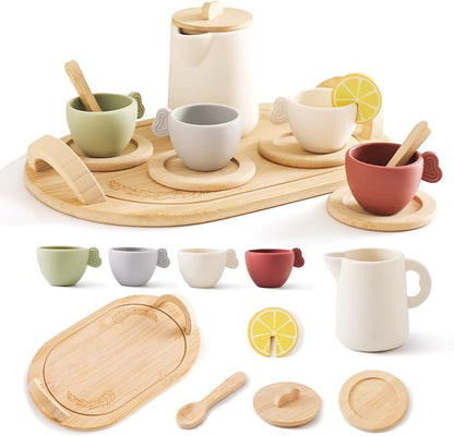 Tea Party Set for Little Girls,Wooden Tea Set,Princess Tea Time Sets for Kids Best Gifts for Toddler with Silicone Teapot Cups Wood Tray Scoop,Dishwasher Safe