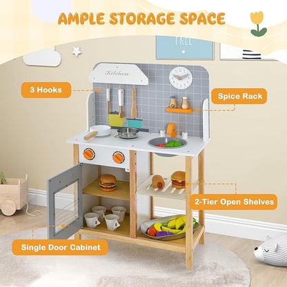 HONEY JOY Kids Kitchen Playset, Toddler Wooden Play Kitchen Set w/Sink, Stove & Oven, Cooking Accessories, Large Storage Cabinet, Little Chef Pretend Play Toy Kitchen Set, Gift for Boys Girls, Gray