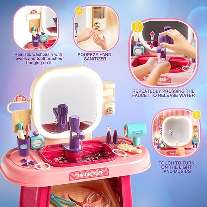 Pretend Play Girls Makeup Table Set with Stool,Kids Vanity Set with LED Lighted Mirror and Music，Toddler Beauty Salon Set with Makeup Accessories & Washbasin,Girls Vanity for Toddlers 3-5 Years Old