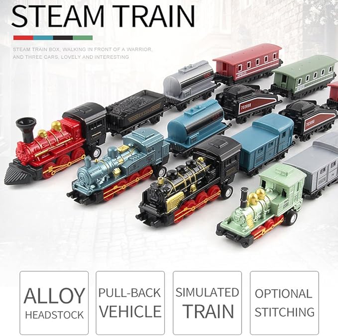 CORPER TOYS Mini Train Toy Die-Cast Pull Back Steam Train Model Set Assorted Styles for Kids Boys - 4 Packs (16 Pieces)