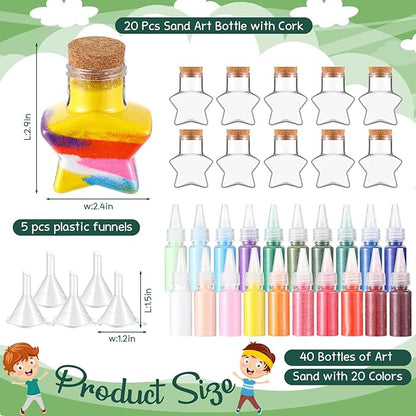65 Pcs Plastic Sand Art Bottles with Corks Include 20pcs 3.4oz Sand Art Bottles, 40 Colored Art Sand, 5 Plastic Funnels Plastic Clear Containers for Sand Art Fun Arts Crafts Supplies (Star)