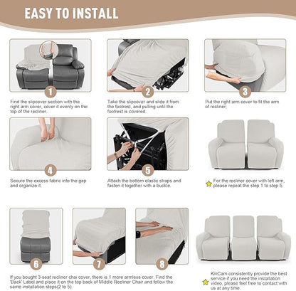 KinCam Recliner Covers, Stretch Reclining Chair Covers, Recliner Sofa Slipcovers Stripe Jacquard Recliner Couch Covers Furniture Protector Covers for Pet Kid (3 Seater, Cream)