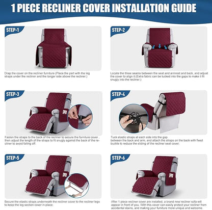 TAOCOCO 100% Waterproof Recliner Covers, Recliner Sofa Covers with Leg Straps, Reversible Recliner Couch Cover for Reclining Chair, Washable Couch Protector for Pets Kids(1 Seater 22", Wine)
