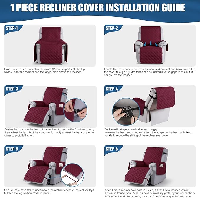 TAOCOCO 100% Waterproof Recliner Covers, Recliner Sofa Covers with Leg Straps, Reversible Recliner Couch Cover for Reclining Chair, Washable Couch Protector for Pets Kids(1 Seater 28", Wine)