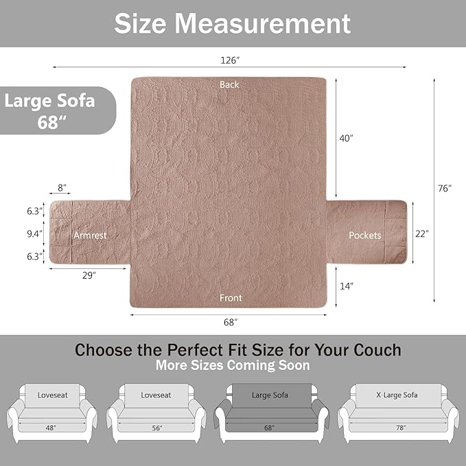 Quilted Pink Sofa Slipcovers with Pockets, Anti-Slip Medallion Designed Couch Covers for 3 Cushion Sofa, Couch Cover for Dogs Cats Water-Repellent Machine Washable (Large Sofa 68", Pink)