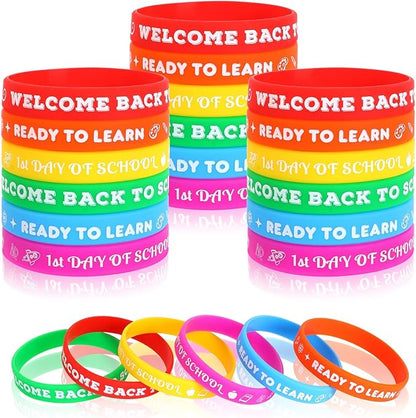 JUNEBRUSHS 42pcs Back to School Party Favors Silicone Bracelets First Day of School Gifts Prize Rubber Wristbands Supplies for School Decorations Accessories Goodie Stuffers Fillers(6 Designs)