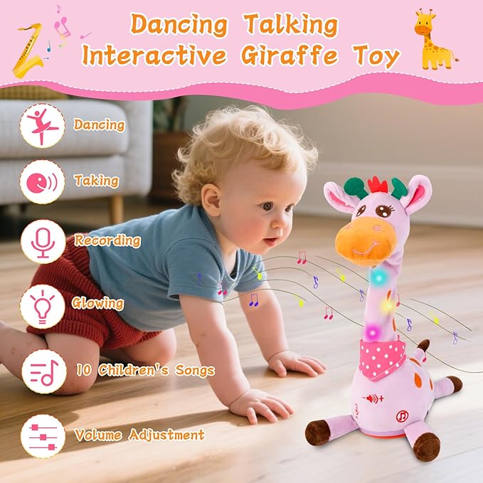 Dancing Talking Giraffe Toy, Stuffed Animal Baby Toy Repeating What You Say, Glowing Musical Electronic Giraffe Gifts for Toddlers 1-3 Years Old, Easter Gift for Kids (Purple Giraffe)