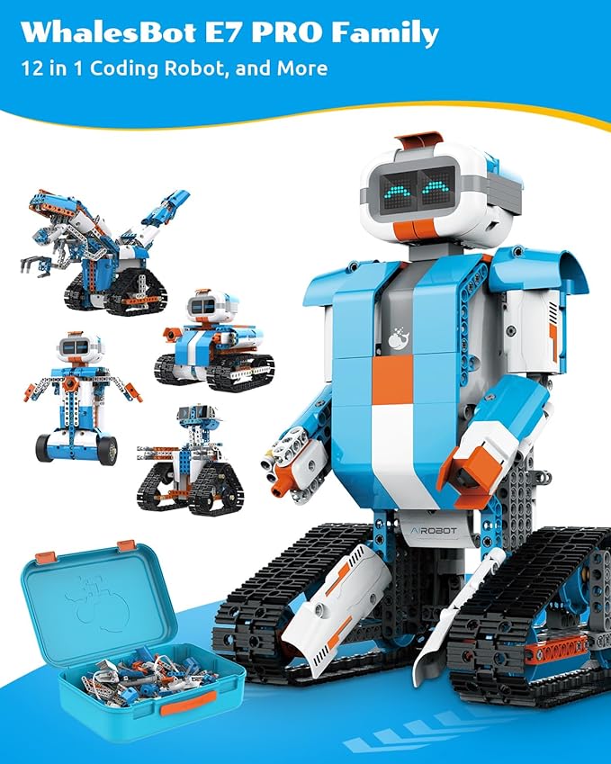 WhalesBot E7 Pro 12-in-1 STEM Coding Robot Kit for Kids 8-12, 637-Piece Building Set with Scratch Programming, Interactive Books & 3D APP Guidance – Ideal Educational Toy for Boys & Girls