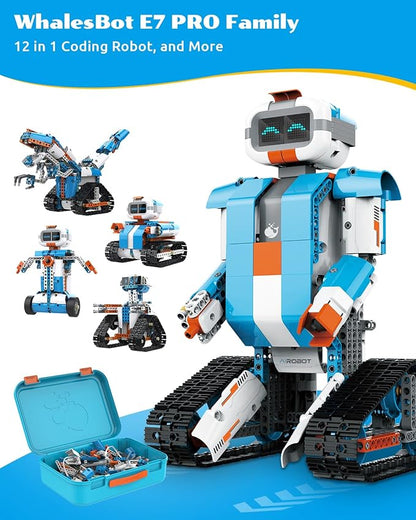 WhalesBot E7 Pro 12-in-1 STEM Coding Robot Kit for Kids 8-12, 637-Piece Building Set with Scratch Programming, Interactive Books & 3D APP Guidance – Ideal Educational Toy for Boys & Girls