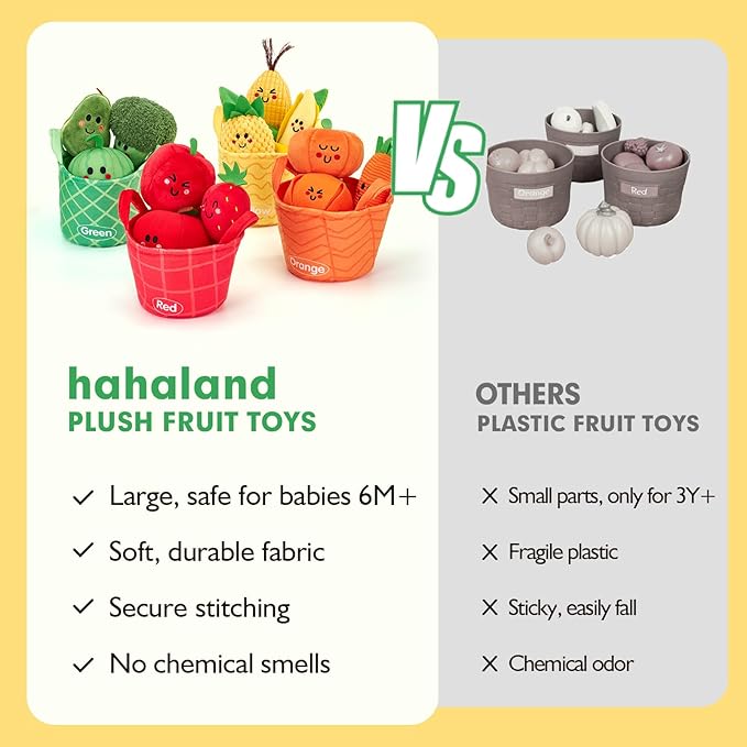 hahaland Baby Sensory Toys - 16 PCS My First Fruit Vegetable Color Sorting Play Food Crinkle, Rattle, Baby Toys 6-12 Months Montessori Toys for 1 Year Old Boy Girl Gifts 6 9 Month Old Toy One Year Old