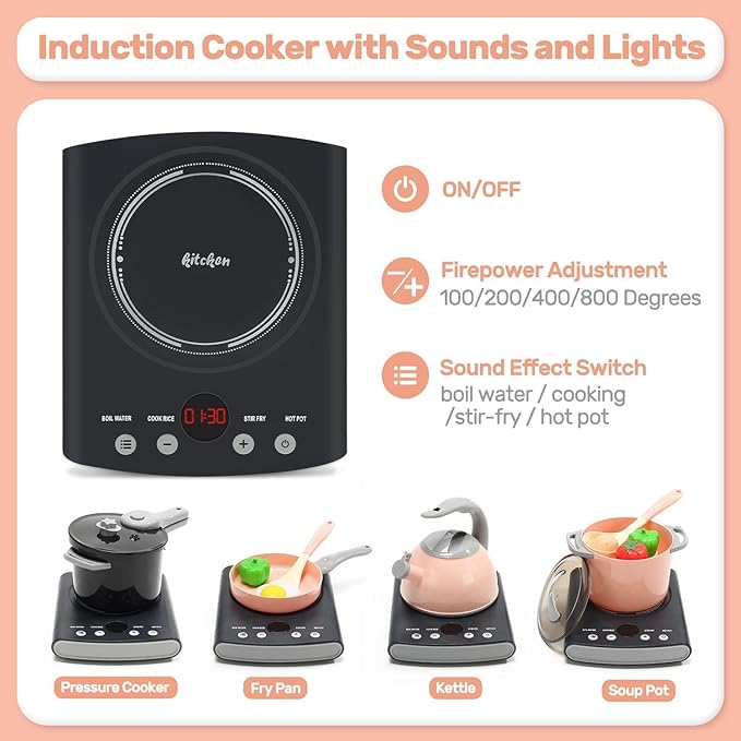 CUTE STONE Play Kitchen Accessories Set, Kids Cooking Toys Set with Play Pots and Pans, Electronic Induction Cooktop with Sound and Light, Cookware Utensils Kids Kitchen Set Kitchen Toys for Kids