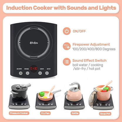 CUTE STONE Play Kitchen Accessories Set, Kids Cooking Toys Set with Play Pots and Pans, Electronic Induction Cooktop with Sound and Light, Cookware Utensils Kids Kitchen Set Kitchen Toys for Kids