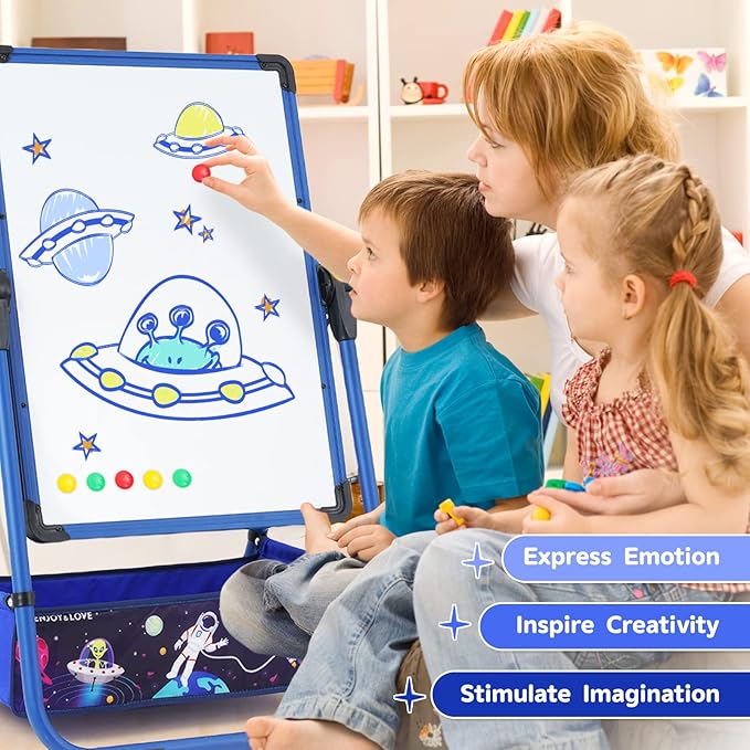 Kids Art Easel with 29.5inch-44inch Height Adjustable Whiteboard&Chalkboard Double Sided Easel 360°Rotating Standing Art Easel for Kids Blue