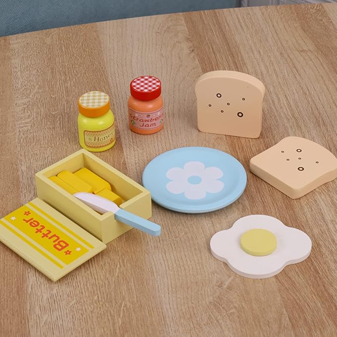 Wooden Kitchen Toy, Pop-Up Bread and Butter Toaster Set, Play Bread Maker Kitchen Accessories Birthday Gift for Ages 3 4 5 6 7 Boys Girls, Early Education Kitchen Pretend Games for Kids, 14 Pieces