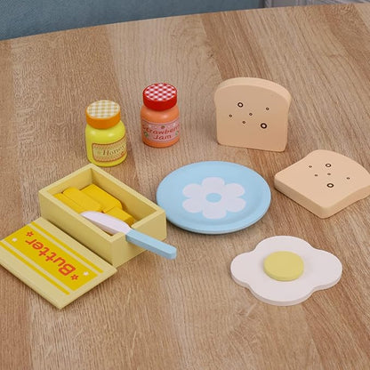 Wooden Kitchen Toy, Pop-Up Bread and Butter Toaster Set, Play Bread Maker Kitchen Accessories Birthday Gift for Ages 3 4 5 6 7 Boys Girls, Early Education Kitchen Pretend Games for Kids, 14 Pieces