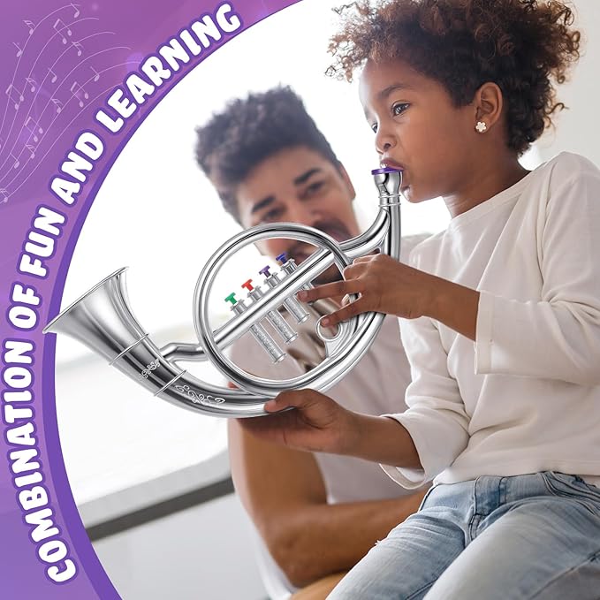 Lewtemi Silver Horn Musical Instruments Toy for Kid Toddler Fake Plastic Preschool Music Toy Gift Portable Wind Instrument Early Educational Teaching Songs Gifts for Toddlers Children