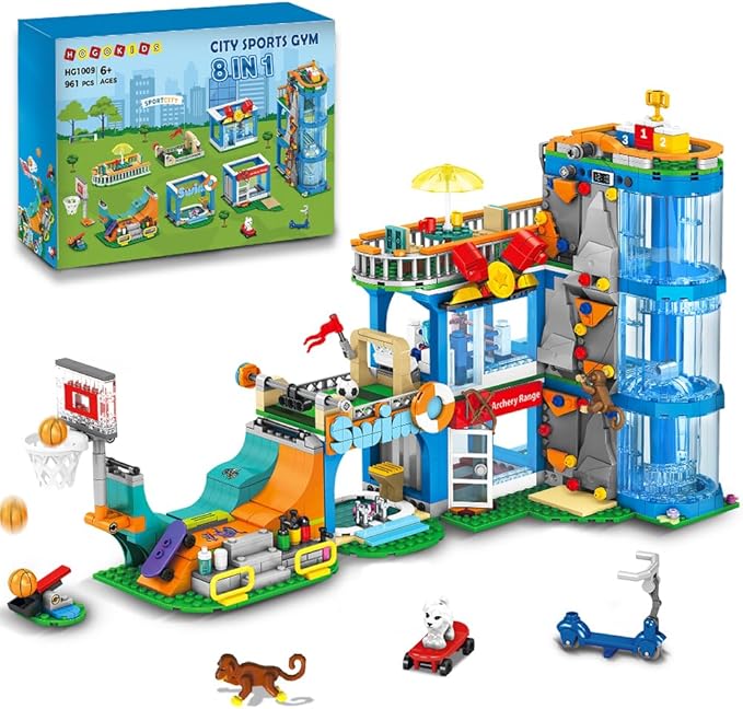 HOGOKIDS City Sports Gym Building Set - 8 in 1 Friend Sports Center Football Basketball Climbing Swimming Boxing Shooting Skateboard Building Block Kit Games Toy Birthday Gift for Kids Girls Boys 6+