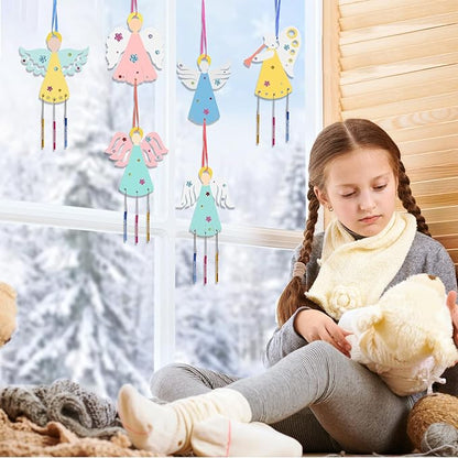 Fennoral 9 Pack Angel Wind Chime Kits for Kids Make You Own Angel Wind Chimes DIY Wooden Crafts to Paint for Art Activities Christmas Tree Hanging Ornaments Christmas Decoration