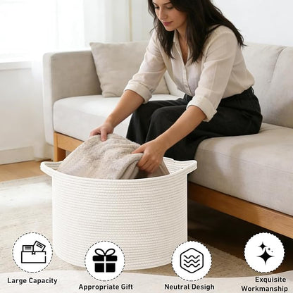 115L Extra Large Woven Cotton Rope Blanket Basket with Handles, Laundry Hamper Storage Bin for Pillows, Comforters,Clothes, Toys, Nursery, Bedroom and Living Room Organization,White