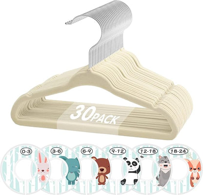 Baby Hangers, VIS'V 11 Inch Beige Velvet Kids Hangers with 6 Pcs Size Dividers Non Slip Nursery Children Closet Clothes Hangers for Infant Toddler Girls and Boys 30 Pcs