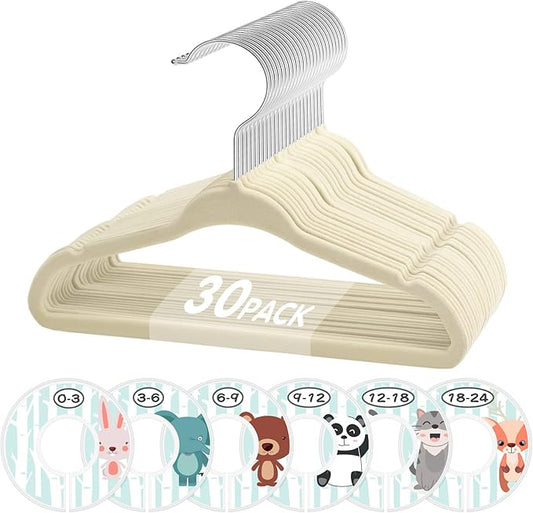 Baby Hangers, VIS'V 11 Inch Beige Velvet Kids Hangers with 6 Pcs Size Dividers Non Slip Nursery Children Closet Clothes Hangers for Infant Toddler Girls and Boys 30 Pcs