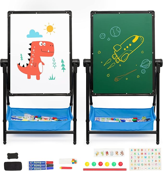 Art Easel Double Sided Whiteboard & Chalkboard 26inch-43inch Height Adjustable & 360°Rotating Easel Stand with Accessories