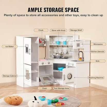 VEVOR Corner Wooden Play Kitchen, Toy Set with Lights and Sounds, Toddler Kitchen with Ice Maker, Oven, Sink, Clock, Microwaves, Refrigerator and Accessories, for Toddlers, Preschoolers, White