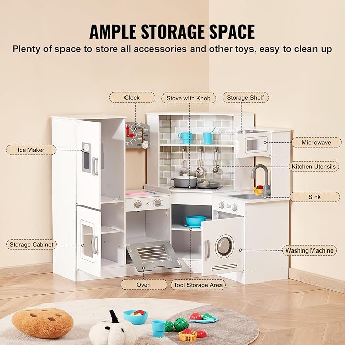VEVOR Corner Wooden Play Kitchen, Toy Set with Lights and Sounds, Toddler Kitchen with Ice Maker, Oven, Sink, Clock, Microwaves, Refrigerator and Accessories, for Toddlers, Preschoolers, White