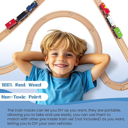 Wooden Train Tracks 58 Piece Set, Track Expansion and 9 Distinct Pieces - 100% Compatible with All Major Brands Including Thomas Wooden Railway System